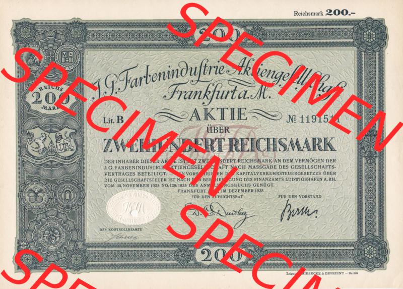 Aktie 1925, J.G. Farbenindustrie Aktiengesellschaft, 200-Zweihundert Reichsmark (1) Sammlung