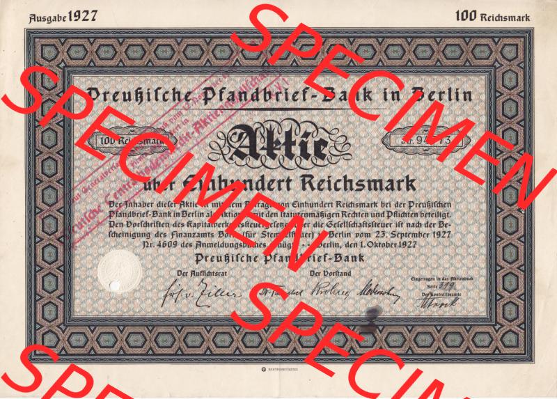 Aktie 1927 Preußische Pfandbrief-Bank in Berlin, Aktie über Einhundert Reichsmark (1) Sammlung
