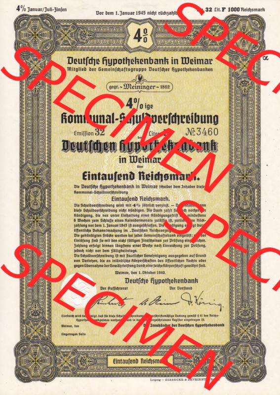Deutsches Reich 1940, Gelbes Wertpapier Deutsche Hypothekenbank in Weimar, Kommunal-Schuldverschreibung in Weimar über 1000 Reichsmark (1) Sammlung
