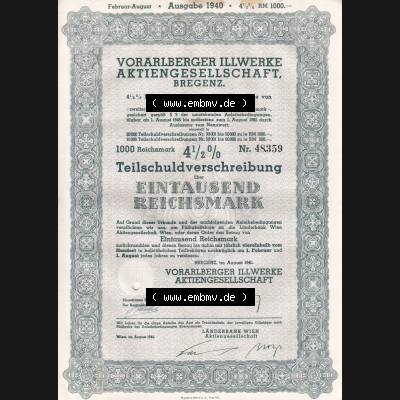 Österreich 1940, Vorarlberger Illwerke, Teilanleihe AktiengesellschaftBregenz, Teilschuldverschreibung über Eintausend Reichsmark (1) Sammlung