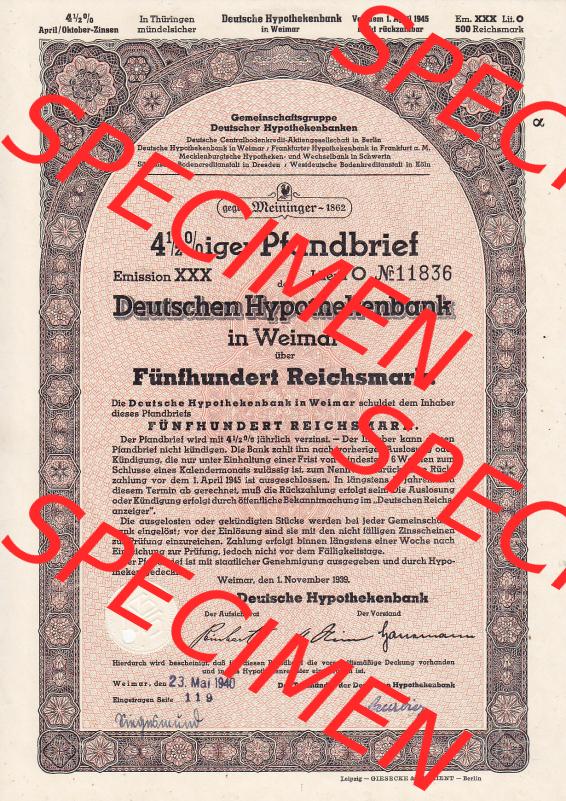 1939, rosa Deutsche Hypothekenbank in Weimar Fünfhundert Reichsmark (1) Sammlung