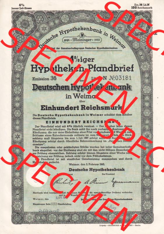 Deutsches Reich 1942, Weimar Hypotheken-Pfandbrief Deutsche Hypothekenbank in Weimar über Einhundert Reichsmark (1) Sammlung