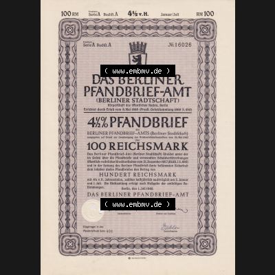 1940 Juli, Das Berliner Pfandbrief-Amt, Berliner Stadtschaft, 100 Reichsmark, 4.5 Prozent Pfandbrief (1) Sammlung