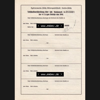 1940, 500 Reichsmark Hydrierwerke Pölitz Aktiengesellschaft, Stettin-Pölitz (2) Sammlung