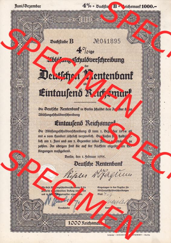 1935, Ablösungsschuldverschreibung, Deutschen Rentenbank, Eintausend Reichsmark (1) Sammlung