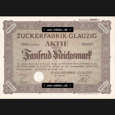 Aktie 1929, Zuckerfabrik Glauzig, über Tausend Reichsmark (1) Sammlung