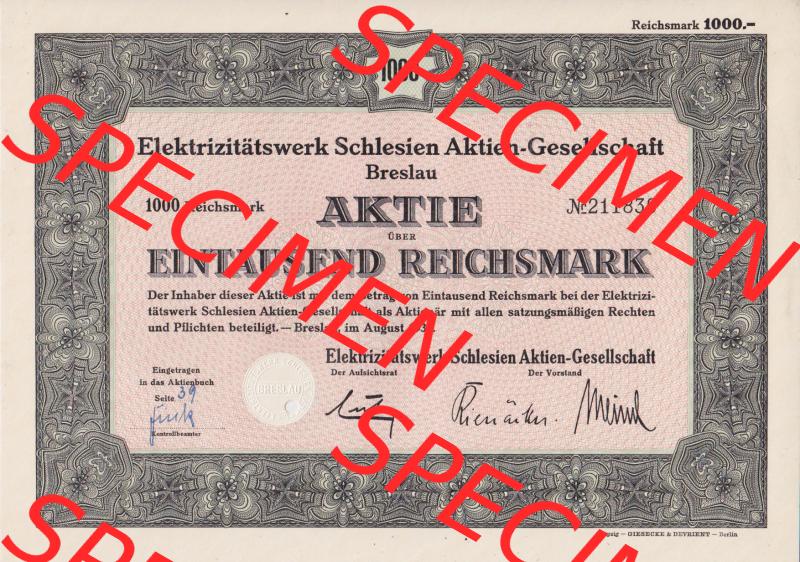Deutsches Reich 1938, Elektrizitätswerk Schlesien Aktien-Gesellschaft, Eintausend 1000 Reichsmark (1) Sammlung