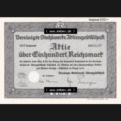 Deutsche Aktien 1934 Vereinigte Stahlwerke Aktiengesellschaft über Einhundert Reichsmark (1) Sammlung