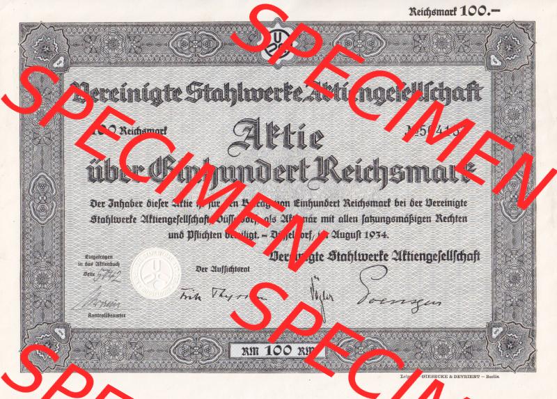 Deutsche Aktien 1934 Vereinigte Stahlwerke Aktiengesellschaft über Einhundert Reichsmark (1) Sammlung