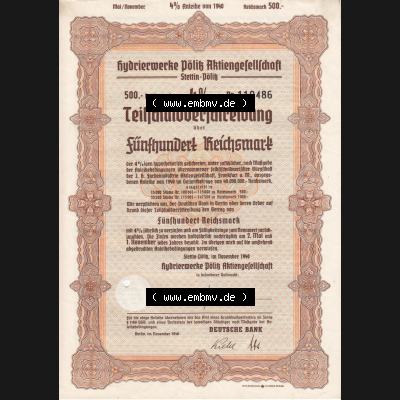 1940, November 500 Reichsmark Hydrierwerke Pölitz Aktiengesellschaft, Stettin-Pölitz (1) Sammlung