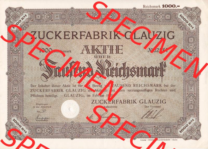 Aktie 1929, Zuckerfabrik Glauzig, über Tausend Reichsmark (1) Sammlung