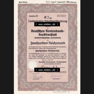 1938, Deutsche Rentenbank-Kreditaanstalt, Landeskultur-Schuldverschreibung 200 Reichsmark (1) Sammlung