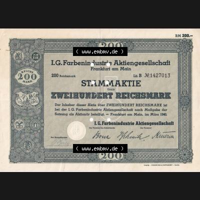 Aktie 1940, Frankfurt am Main, I.G. Farbenindustrie Aktiengesellschaft, Stammaktie 200-Zweihundert Reichsmark (1) Sammlung