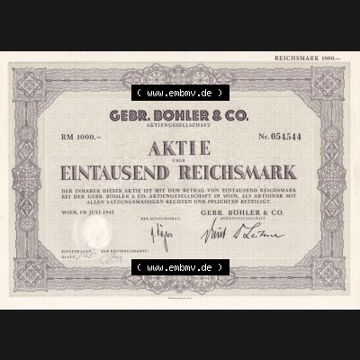 Aktie 1942, Gebr. Böhler und Co., Aktiengesellschaft, 1000 Eintausend Reichsmark (1) Sammlung