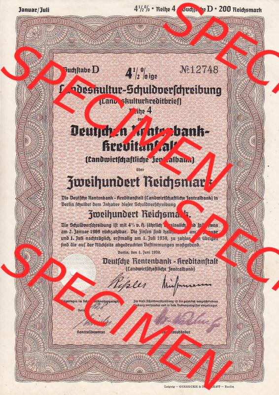 1939, Landeskultur-Schuldverschreibung, Deutschen Rentenbank, Zweihundert Reichsmark (1) Sammlung