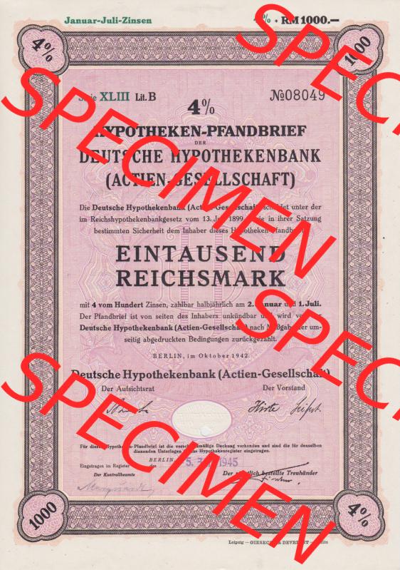 Deutsches Reich 1942, Hypotheken-Pfandbrief, Deutsche Hypothekenbank Actien-Gesellschaft, 1000 Eintausend RM Reichsmark (1) Sammlung