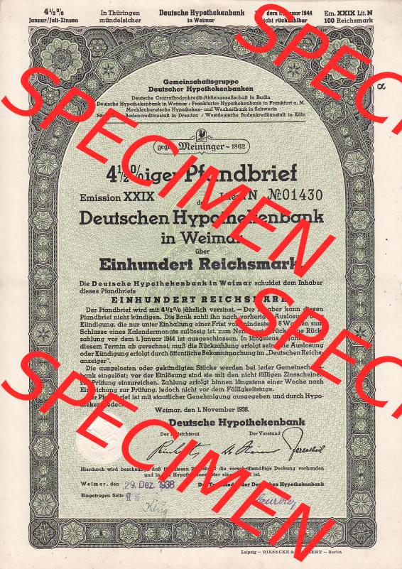 1938, grün Deutschen Hypothekenbank in Weimar Einhundert Reichsmark (1) Sammlung