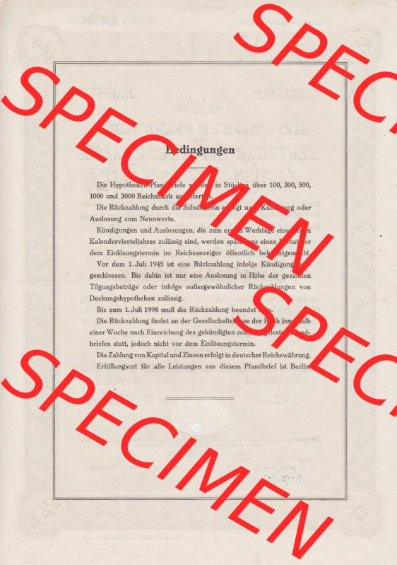 Deutsches Reich 1940, Hypotheken-Pfandbrief, Deutsche Hypothekenbank Actien-Gesellschaft, 100 RM Reichsmark (2) Sammlung