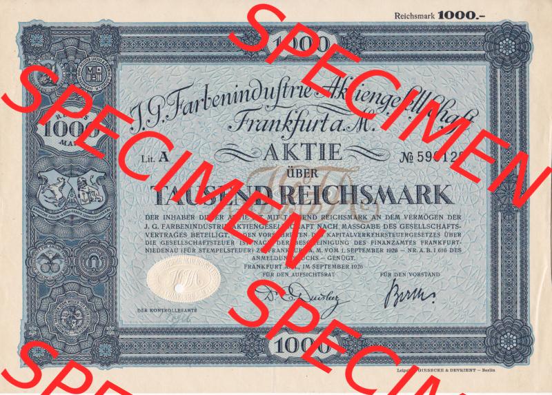 Aktie 1926 Frankfurt am Main, J.G. Farbenindustrie Aktiengesellschaft, Aktie 1000 Tausend Reichsmark (1) Sammlung