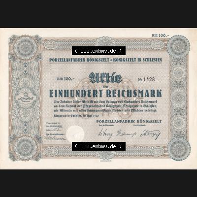Aktie 1935, Porzellanfrabrik Königszelt in SChlesien, Wert 100 Einhundert Reichsmarkt (1) Sammlung