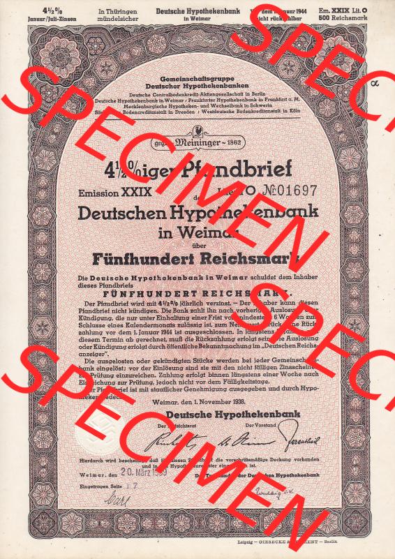 1938, rosa Deutschen Hypothekenbank in Weimar Fünfhundert Reichsmark (1) Sammlung