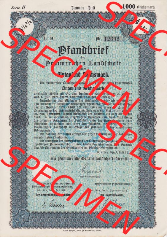 1940, Juli 1000 Reichsmark, Serie II, Pfandbrief, Pommerschen Landschaft (1) Sammlung
