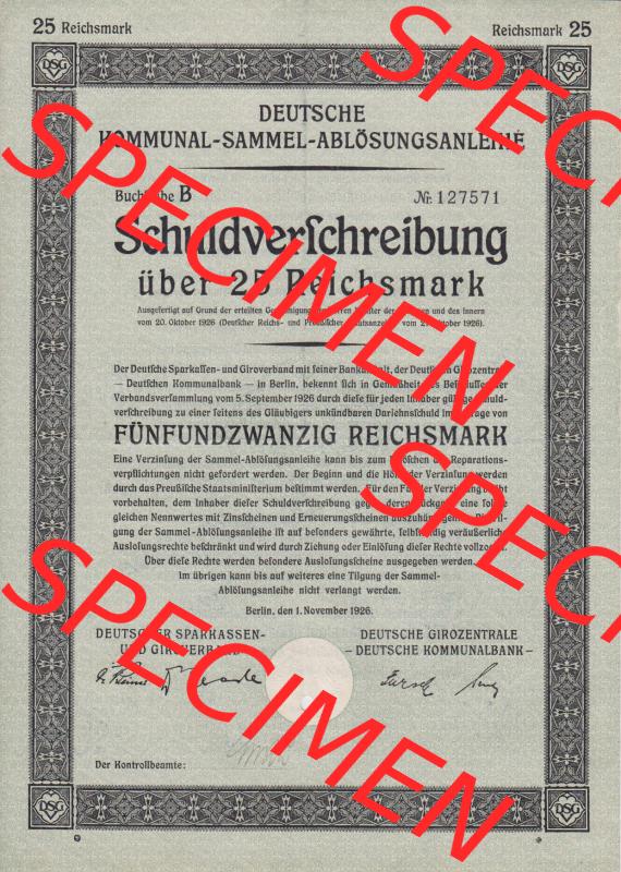 1926 Auslosungsschein, Fünfundzwanzig Reichsmark, Schuldverschreibung Deutsche Kommunal-Sammel-Ablösungsanleihe (2) Sammlung