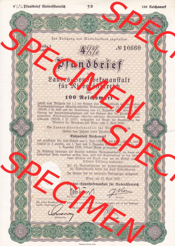 Österreich 1939, Wien, NIederösterreich Pfandbrief der Landes-Hypothekenanstalt über 100 Reichsmark, Reihe 2, Buchstabe D (1) Sammlung