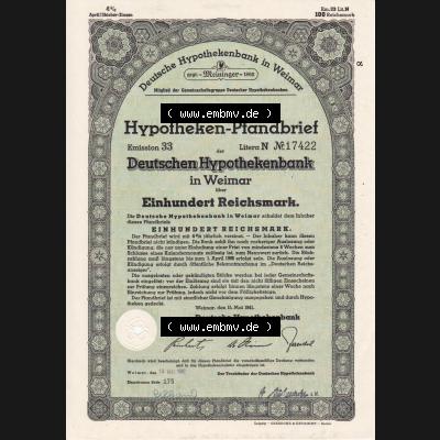 Deutsches Reich 1941, Weimar Hypotheken-Pfandbrief Deutschen Hypothekenbank in Weimar über Einhundert Reichsmark (1) Sammlung