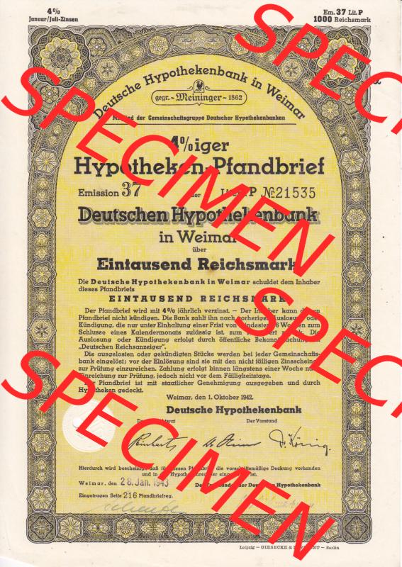 Deutsches Reich 1942 Oktober, Gelber Hypothekenpfandbrief der Deutschen Hypothekenbank in Weimar über Eintausend Reichsmark (1) Sammlung