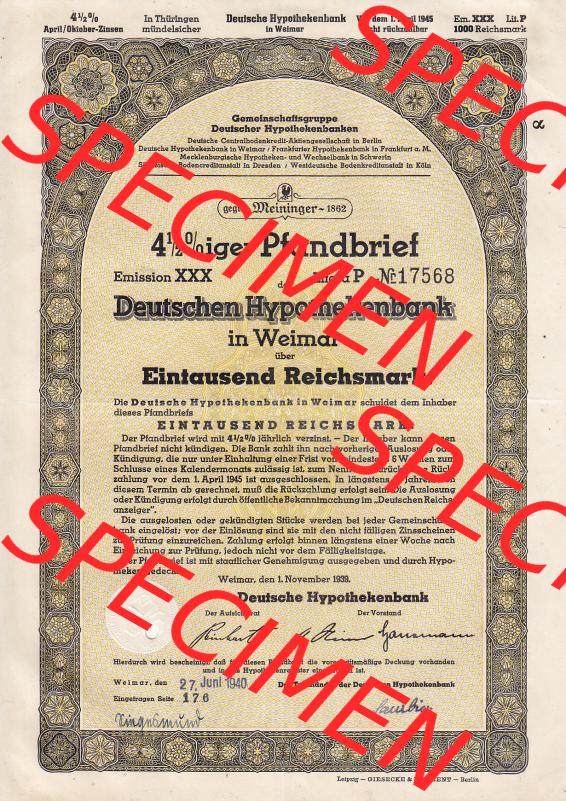1939, gelb Deutschen Hypothekenbank in Weimar Eintausend Reichsmark (1) Sammlung