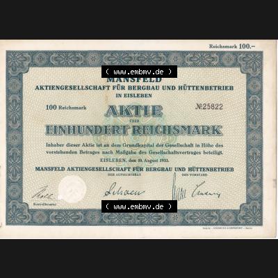 Aktie, 1933 Mansfeld, Aktiengesellschaft für Bergbau und Hüttenbetrieb in Eisleben, 100 Reichsmark (1) Sammlung