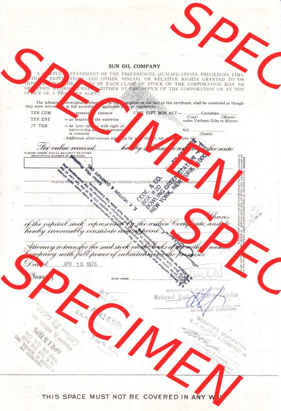 USA Öl 1974, Sun Oil Company, This is to certify that 100 Shares, Zertifikat auf 100 Aktien (2) Sammlung