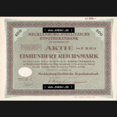 Aktie 1926, Mecklenburg-Strelitzetsche Hypothekenbank in Neustrelitz, Aktie über Einhundert Reichsmark (1) Sammlung