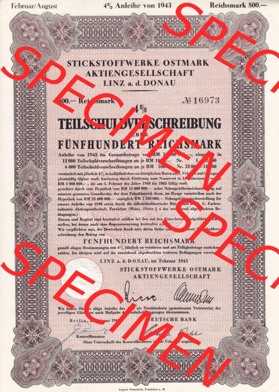 Österreich Österreich 1943, Linz Stickstoffwerke Ostmark a.d. Donau, Teilschuldverschreibung über Fünfhundert Reichsmark (1) Sammlung