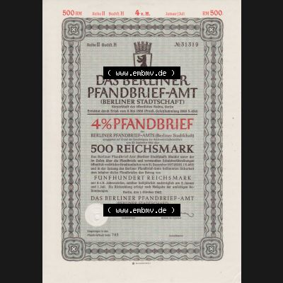 Deutsches Reich 1942, Das Berliner Pfandbrief-Amt 4 Prozent Berliner Stadtschaft 500 Fünfhundert Reichsmark (1) Sammlung