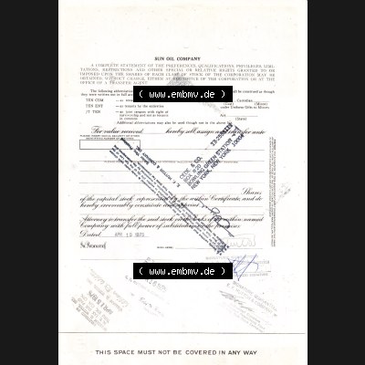 USA Öl 1974, Sun Oil Company, This is to certify that 100 Shares, Zertifikat auf 100 Aktien (2) Sammlung
