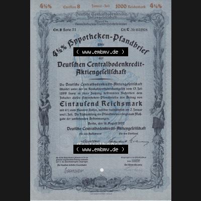1937, 1000 Reichsmark Deutschen Centralbodenkredit-Aktiengesellschaft 1000 RM Hypotheken-Pfandbrief Eintausend Reichsmark (1) Sammlung