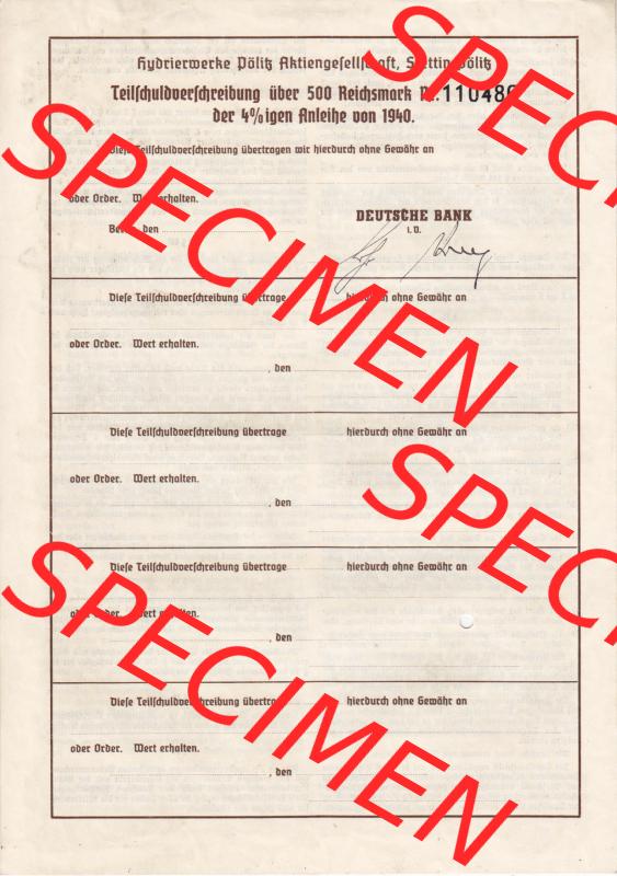 1940, November 500 Reichsmark Hydrierwerke Pölitz Aktiengesellschaft, Stettin-Pölitz (2) Sammlung