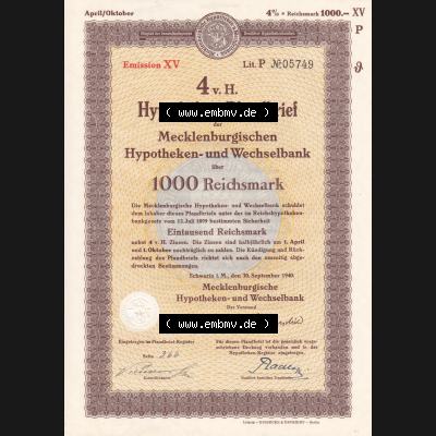 1940 September, 1000 Reichsmark, 4 v.H. Hypotheken-Pfandbrief der Mecklenburgischen Hypotheken- und Wechselbank (1) Sammlung