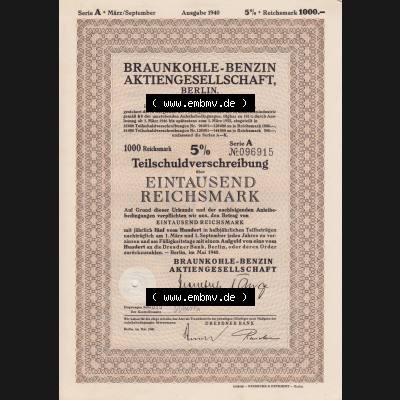 1940 Mai Berlin, Braunkohle-Benzin Aktiengesellschaft Berlin, 5 Prozent Anleihe von 1940, 1000 Reichsmark (1) Sammlung