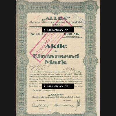 1922-1925, Allba Allgemeine Lebensversicherung-Bank Aktiengesellschaft, Eintausend Mark, Stempel 100 Reichsmark (1) Sammlung
