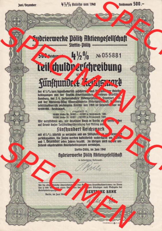 1940, 500 Reichsmark Hydrierwerke Pölitz Aktiengesellschaft, Stettin-Pölitz (1) Sammlung