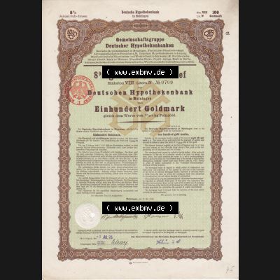 Deutsches Reich 1926, Gold-Pfandbrief der Deutschen Hypothekenbank in Meiningen über Einhundert Goldmark (1) Sammlung