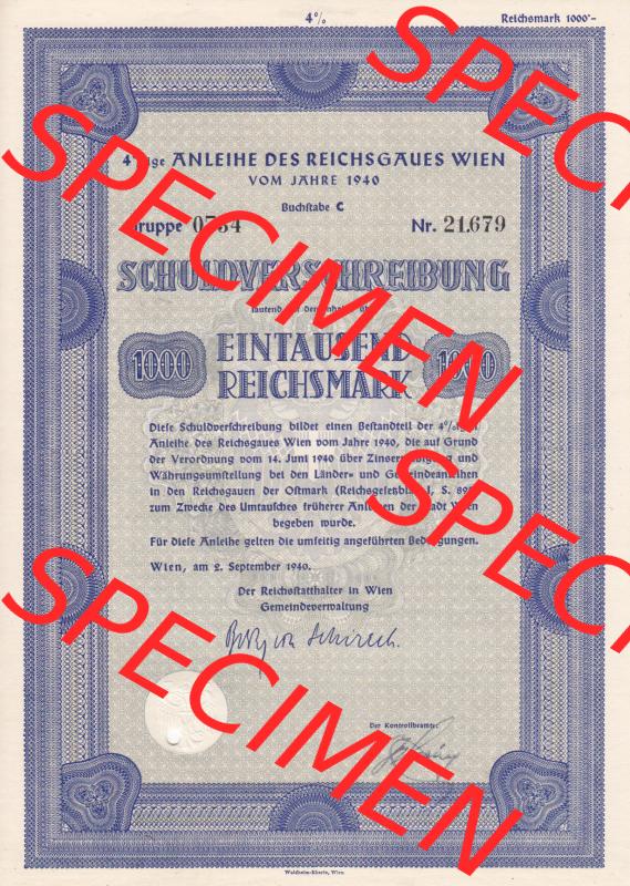 Österreich 1940, Wien, Anleihe des Reichsgäues Wien, Schuldverschreibung auf Eintausend 1000 Reichsmark (1) Sammlung