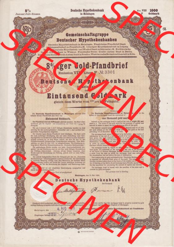 Deutsches Reich 1926, Gold-Pfandbrief der Deutschen Hypothekenbank in Meiningen über Eintausend Goldmark (1) Sammlung