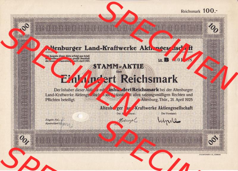 Aktie 1925 Altenburger Land-Kraftwerke Aktiengesellschaft, Stamm-Aktie über Einhundert Reichsmark (1) Sammlung