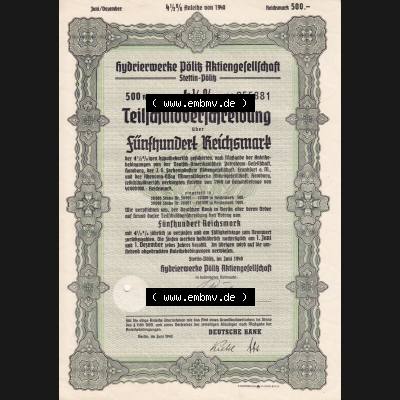 1940, 500 Reichsmark Hydrierwerke Pölitz Aktiengesellschaft, Stettin-Pölitz (1) Sammlung