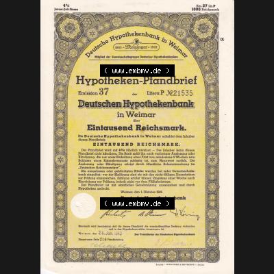 Deutsches Reich 1942 Oktober, Gelber Hypothekenpfandbrief der Deutschen Hypothekenbank in Weimar über Eintausend Reichsmark (1) Sammlung