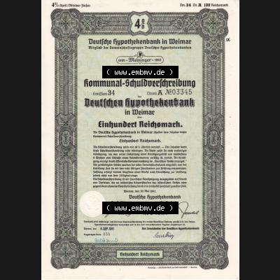 Deutsches Reich 1941, Deutsche Hypothekenbank in Weimar, Kommunal-SChuldverschreibung über Einhundert Reichsmark 4 Prozent (1) Sammlung